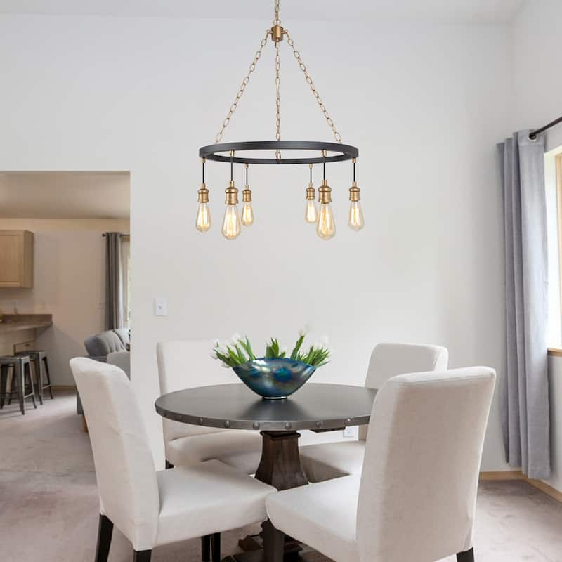 Modern Farmhouse 6-Light Black Gold Wagon Wheel Chandelier for Dining Room - W24.8"x H31.5"