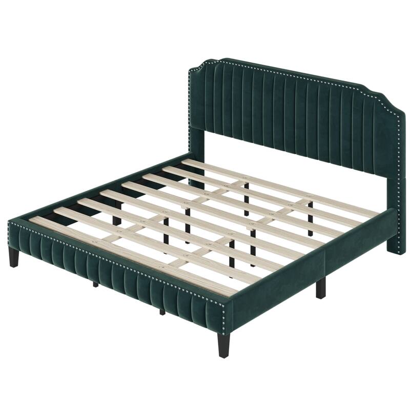 Modern Solid Wood Curved Upholstered Platform Bed with Nailhead Trim Bed Bath & Beyond 39896925