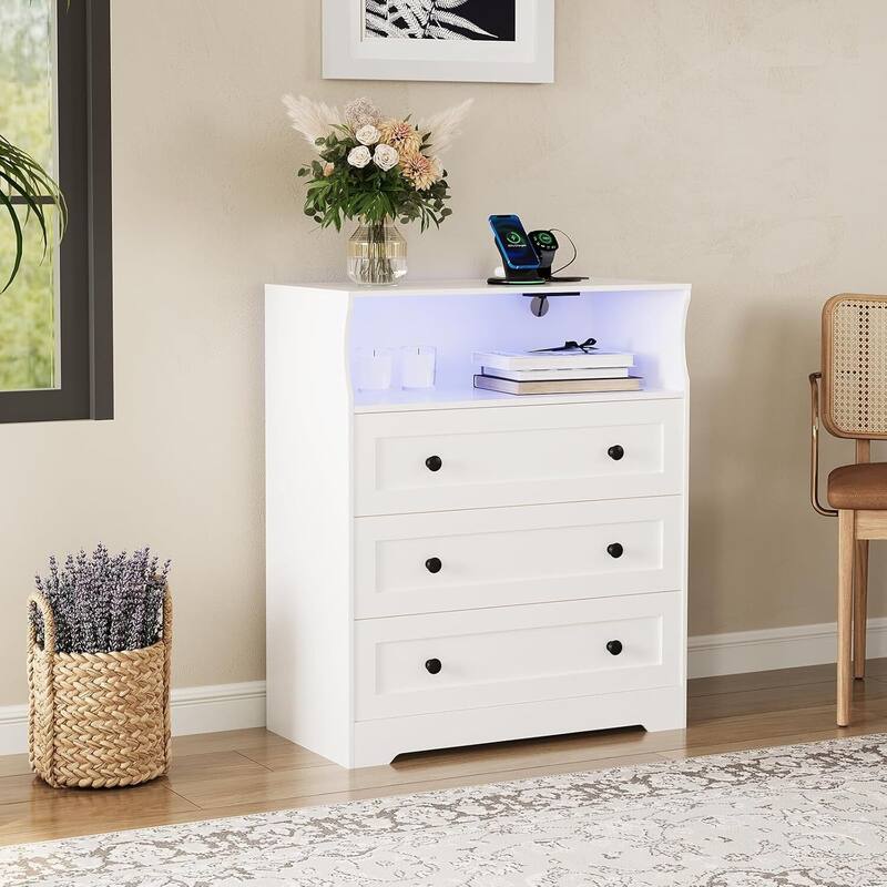 3 Drawer Dresser for Bedroom with Charging Station & LED Lights - White
