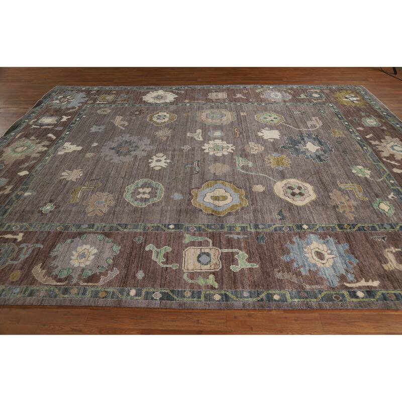 Hand Knotted Oriental 100% Wool Carpet Transitional All-Over Brown Oushak Area Rug - 11' 6'' X 9' 0''