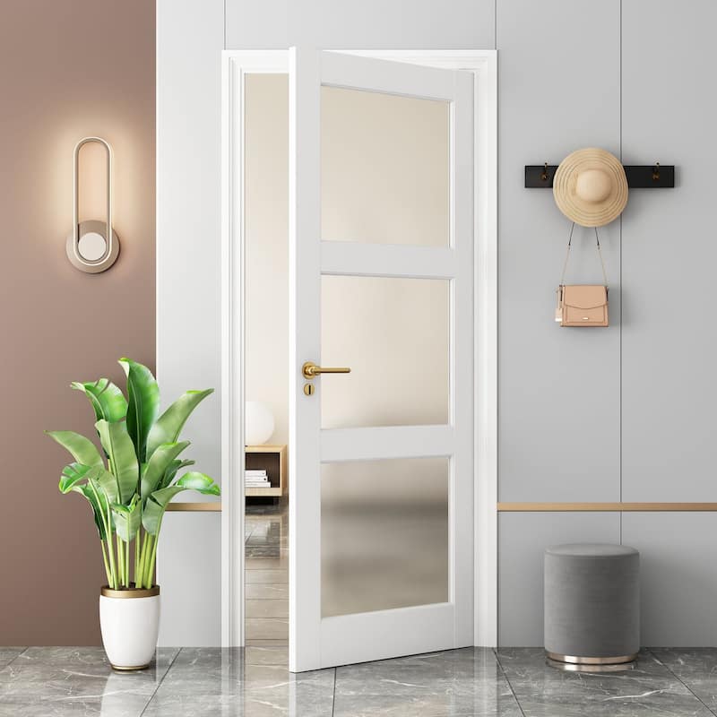 80"H 3 Lite Frosted Glass French White Prefinish Paintable Doors Pantry Laundry Closet Shaker French Interior Slab Door