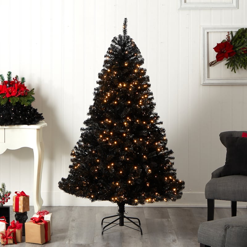 6' Pre-Lit Black Artificial Christmas Tree, Clear LED Lights - 6 Foot