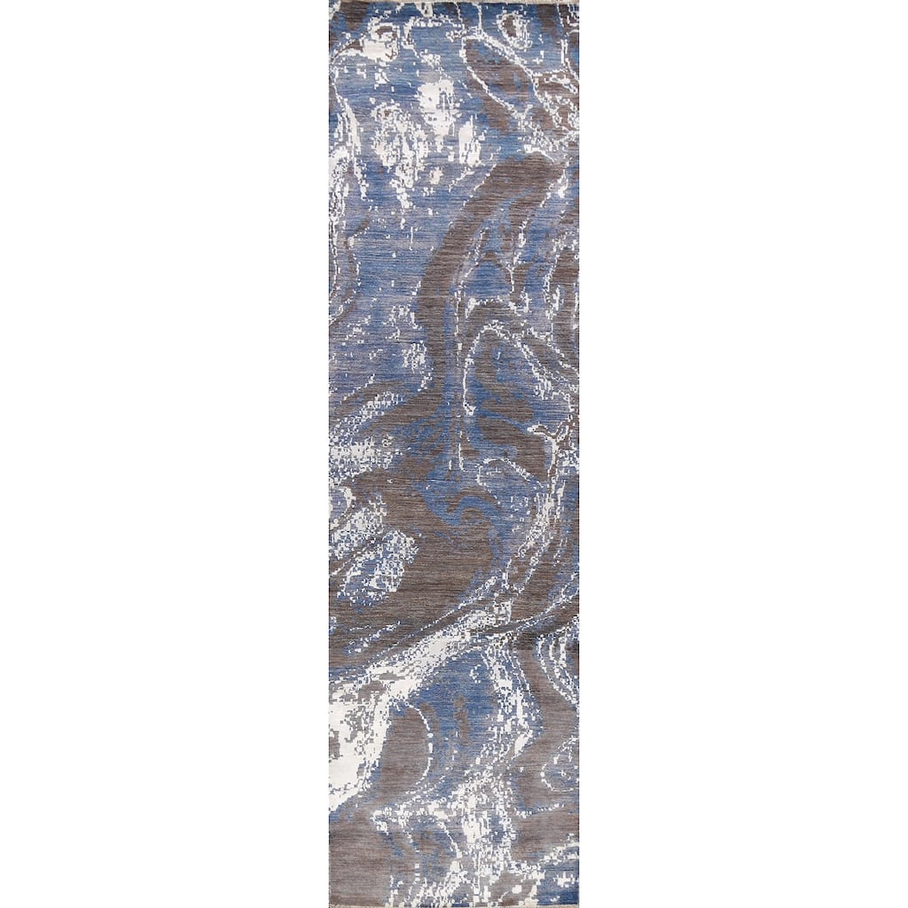 Wool/ Silk Vegetable Dye Modern Abstract Oriental Runner Rug Handmade - 3'0" x 12'3"