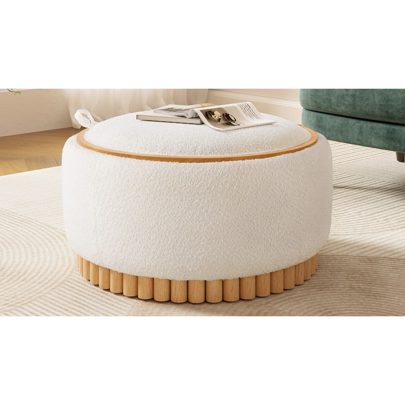 Roomfitters 29 Inch Round Storage Ottoman with Reversible Wooden Tray Top, Upholstered Coffee Table for Living Room
