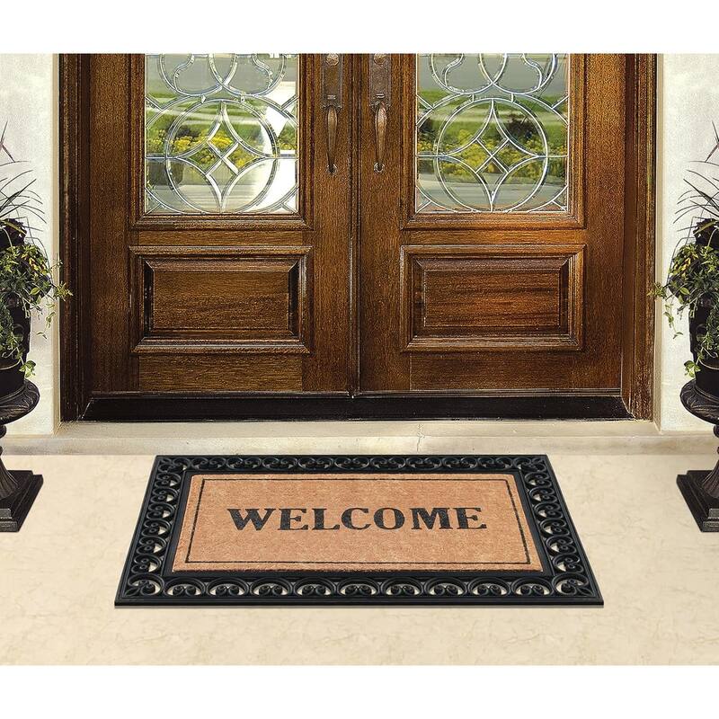 A1HC Rubber and Coir Welcome Classic Paisley Border Double Door Doormat , Black - 30"X48"