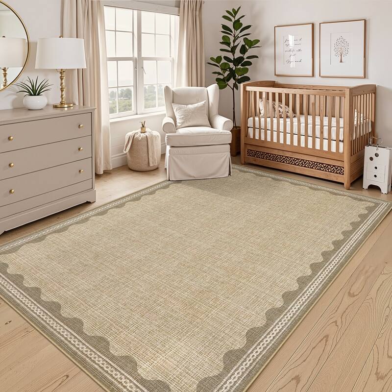 Scalloped Pattern Rugs for Living Room Bedroom Soft Non Slip Low Pile Throw Carpet Washable Foldable Area Rug - 8'x10' - Jute