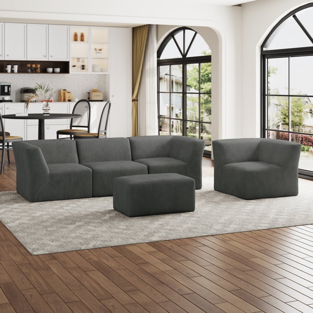 5-Pieces Modular Corduroy Sectional Sofa with Removable Ottoman