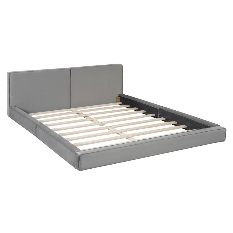 HomeRoots Gray Tufted Velvet Upholstered Queen Bed Frame