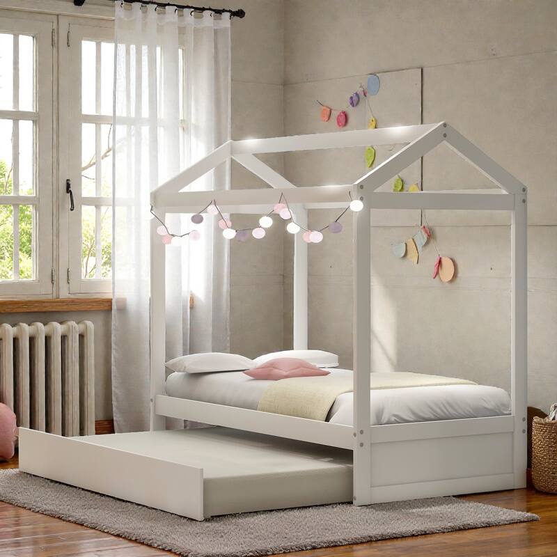 Twin Size House Bed with Trundle, Pine Wood Frame, Roof Design, Kids Playhouse Bed with Decor-Friendly Rails