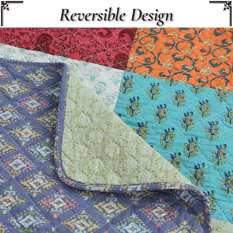 Cozy Line Bright Bold Multi Color Boho Floral Patchwork 3 Piece Cotton Quilt Bedding Set