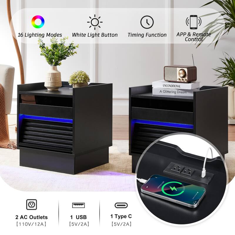 LED Nightstand with Charging Station, Sofa Side Table with 2 Drawers & Extended Bookshelf, Multi-functiona Entryway Table