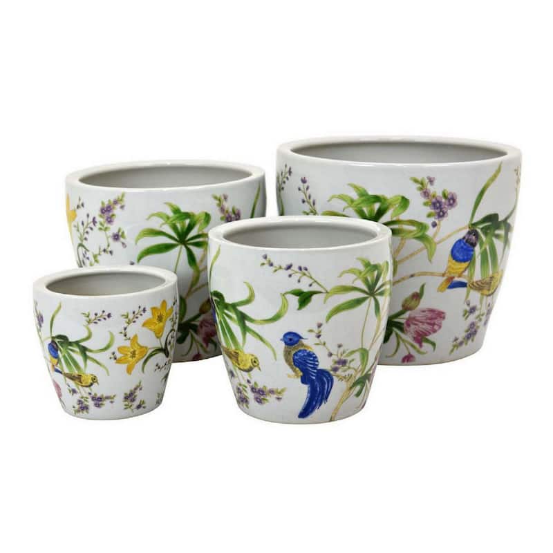 Kerry Planter Pot Set of 4, Floral Bird Pattern, White Green Ceramic