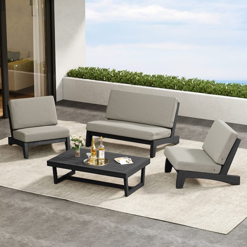 4 Pieces Wood Sectional Sofa Patio Conversation Set With Cushion