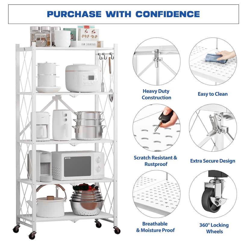 5-Tier Foldable Storage Shelving Unit, Heavy Duty Metal Kitchen Shelf with 3 Hooks