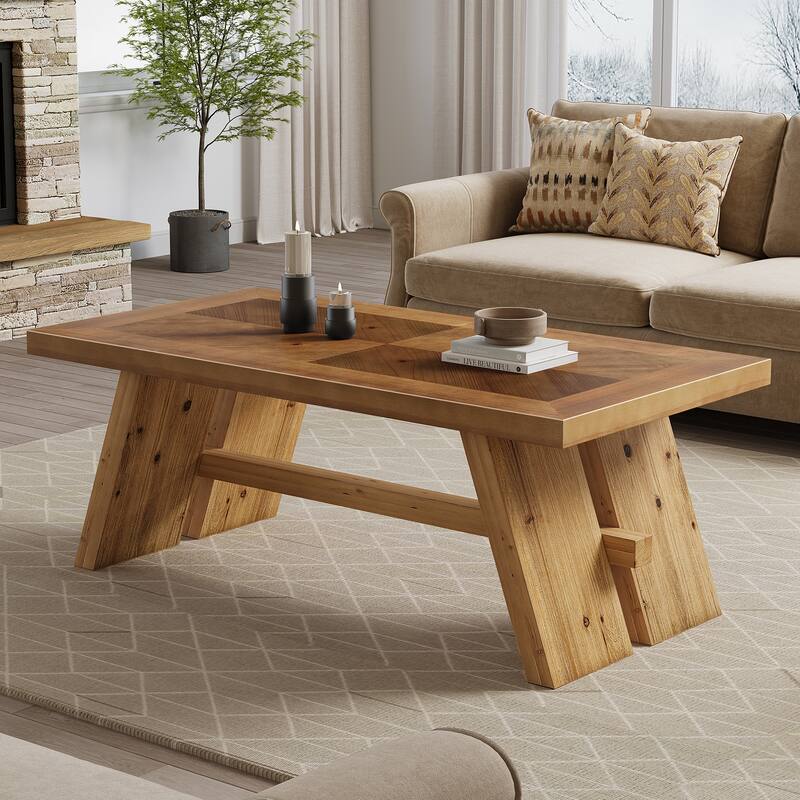 47" Farmhouse Coffee Table, Solid Wood Rectangular Center Table with Geometric Wood Grain