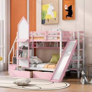 Twin-Over-Twin Castle Style Bunk Bed with 2 Drawers, 3 Shelves & Slide ...