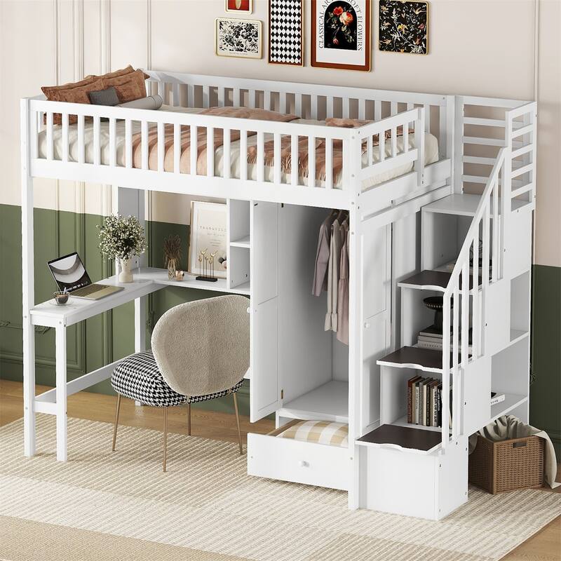Merax Twin size Loft Bed with Bookshelf,Drawers,Desk,and Wardrobe - White