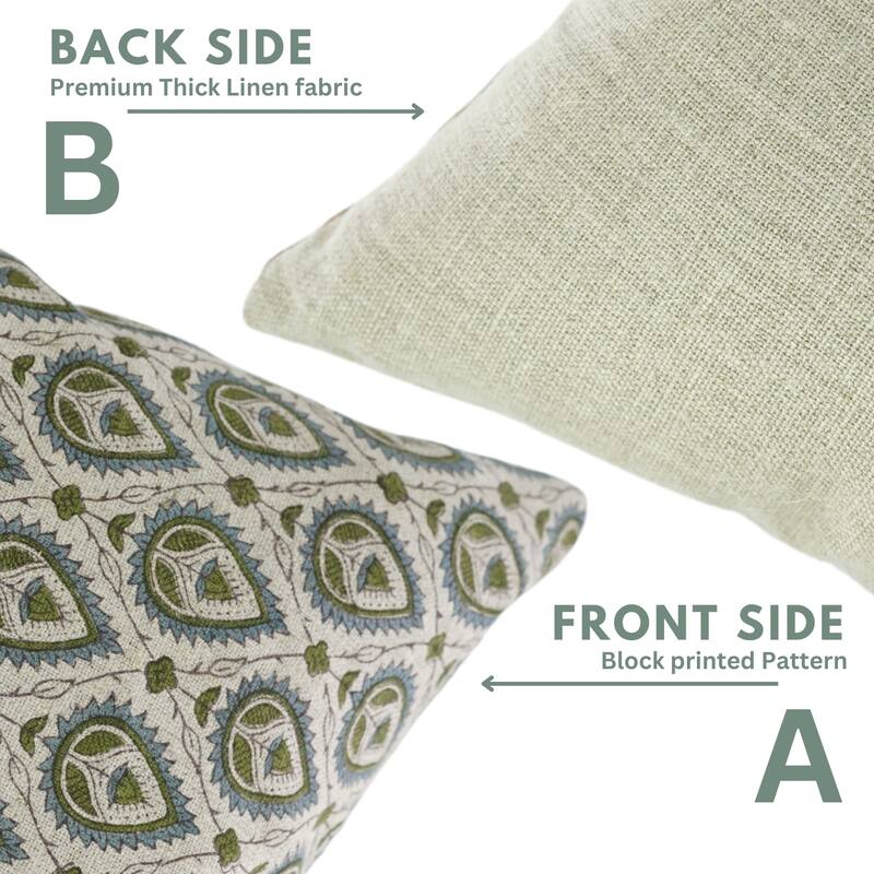 Fabdivine Floral Cushion Cover for Rustic Home Accent in Thick Linen Hand Block Fall Décor Green Pillowcase, Papaya Leaf
