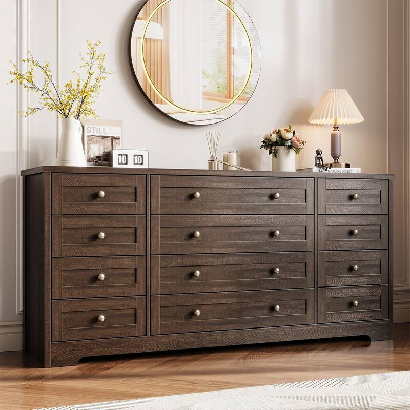 Dresser for Bedroom,Withe Long Wood Dresser with 12 Drawers,Storage Chest of Drawers with Plug-in Charging Hub