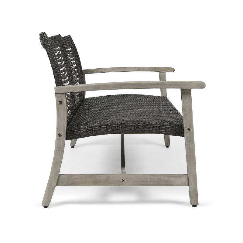 Bops Outdoor Loveseat, Rustic Acacia Wood Frame, 52 Inch, Gray Wicker