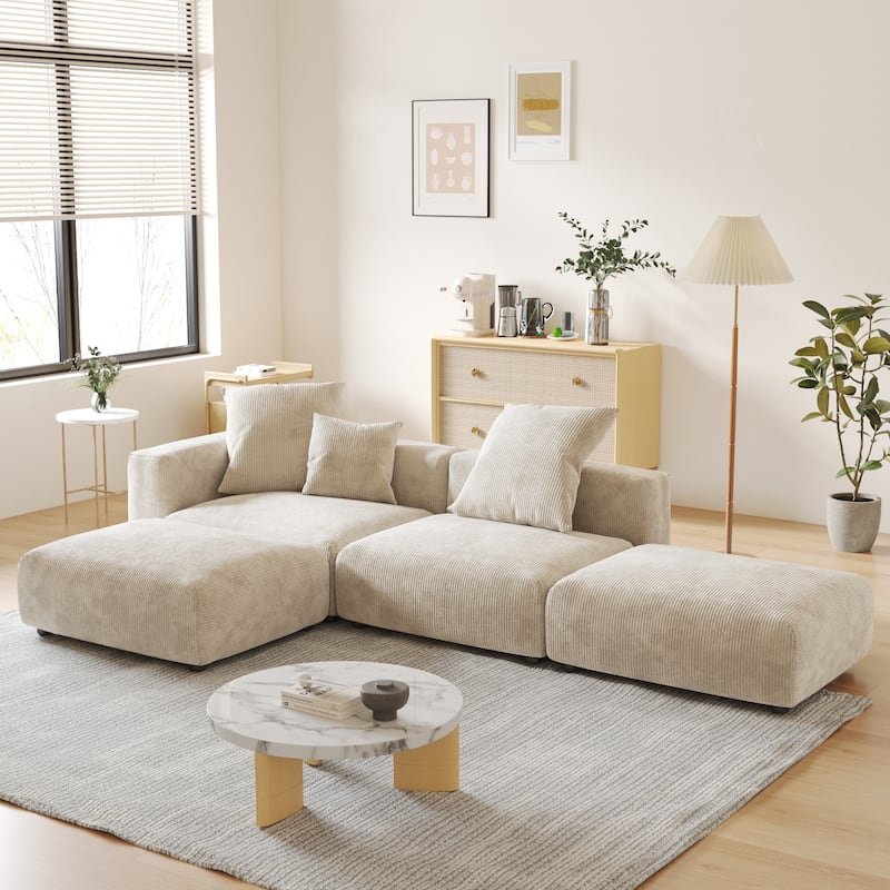 L-shaped Modular Sectional Sofa Corduroy Upholstered Couch with Chaise Ottoman and 3 pillows - Beige