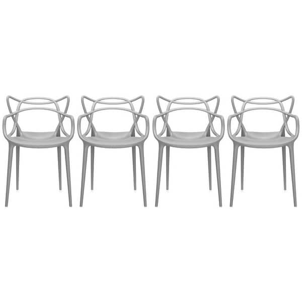slide 2 of 26, Set of 4 Modern Stackable Dining Chairs, Contemporary Plastic Patio Chair for Indoor Kitchen or Outdoor use, Green Grey