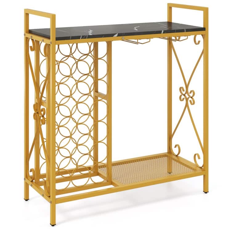 21 Bottle Wine Rack Floor Stand with Glass Holder and Storage Shelf - Golden