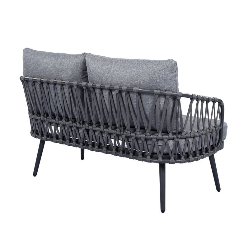 Modern 4-Piece Patio Conversation Set with Woven Rope Backrest, Acacia Coffee Table and Cushions, Outdoor Furniture
