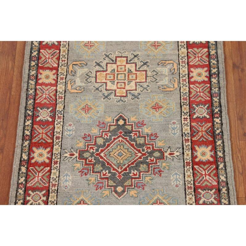 Geometric Kazak Oriental Runner Rug Hand-Knotted Grey Wool Carpet - 2'3" x 5'11"