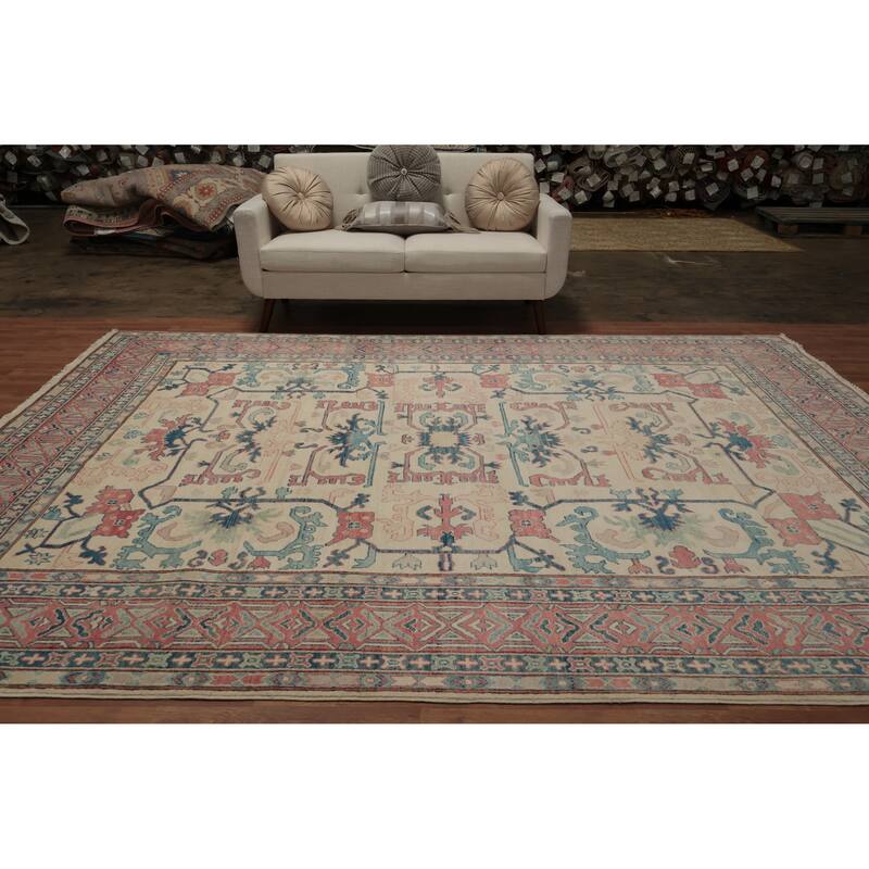 Hand Knotted Oriental 100% Wool Carpet Traditional Geometric Beige & Ivories Kazak Area Rug - 11' 3'' X 8' 7''