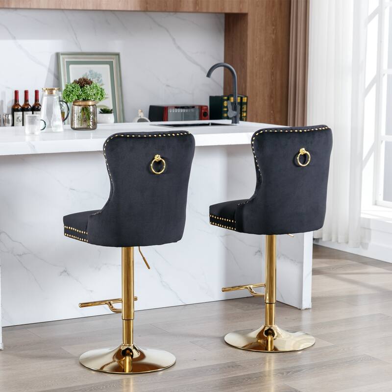 Modern Golden Swivel Velvet Barstools with Adjustable Height, Tufted Design for Kitchen and Pub - Set of 2