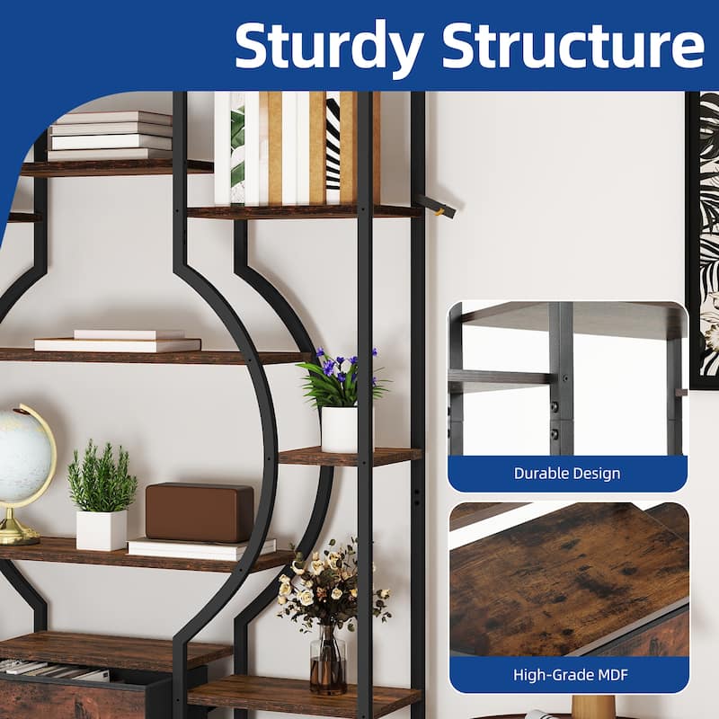 Moasis 6-Tier Bookshelf with 2 Drawers & 12 Open Shelves,Industrial Display Shelf Unit Bookcase