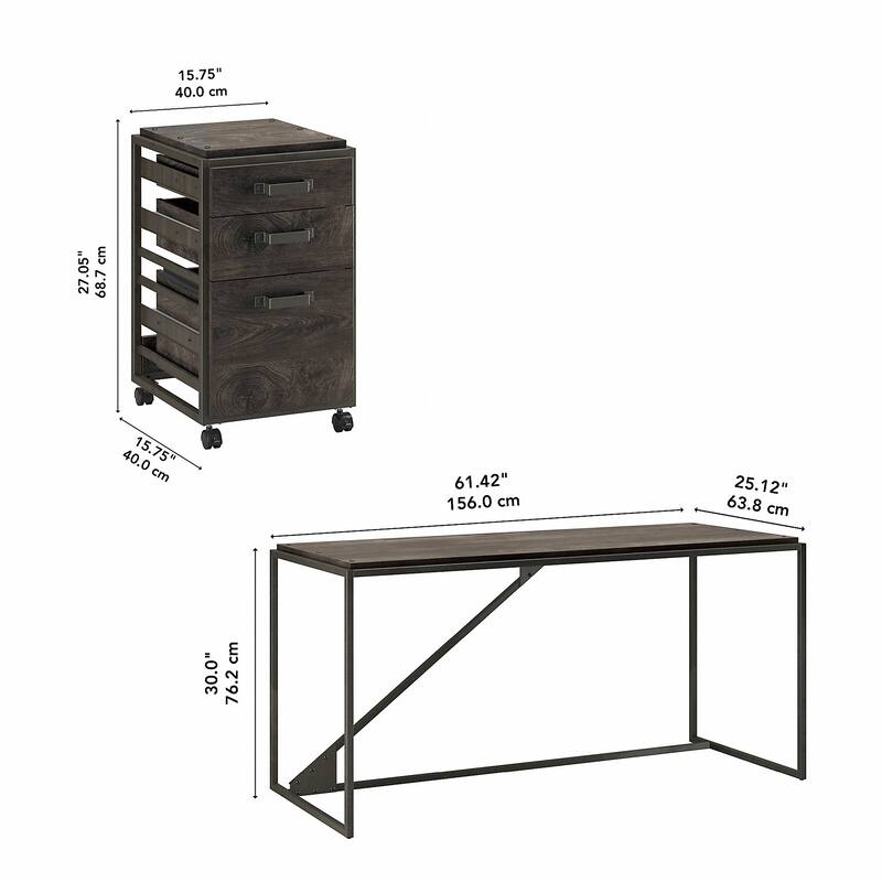 Bush Furniture Refinery 62W Industrial Desk with 3 Drawer Cabinet