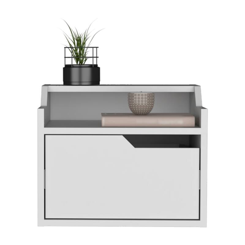 Floating White Nightstand with Spacious Drawer and Dual-Tier Surface