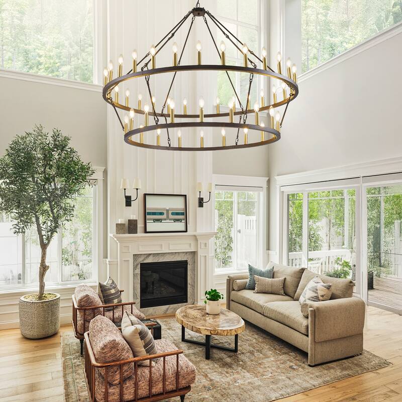 57.09'' 48 Light Candle Dimmable Two Tiers Wagon Wheel Chandelier Ceiling Lighting Fixtures - Black&Gold