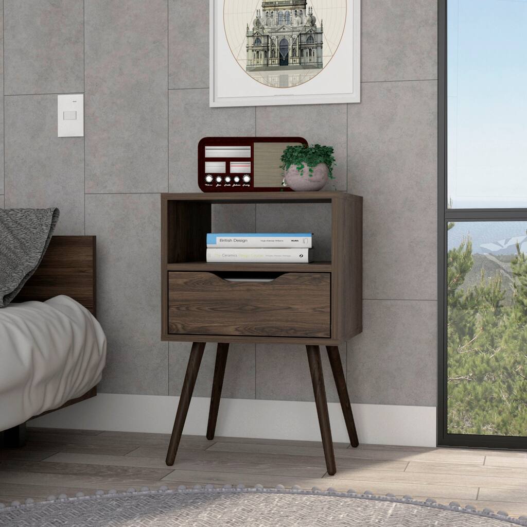 Dark Walnut Nightstand with Open Shelf, Drawer, and Four Legs