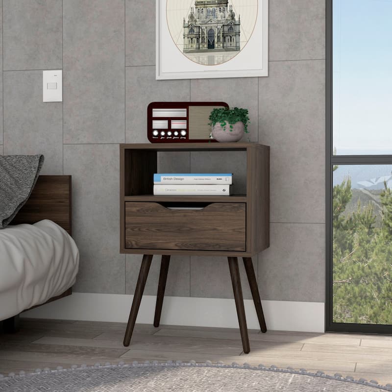 Nightstand 25"H, Superior Top, Four Legs, One Open Shelf, One Drawer, Dark Walnut - Brown