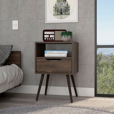 Nightstand 25"H, Superior Top, Four Legs, One Open Shelf, One Drawer, Dark Walnut