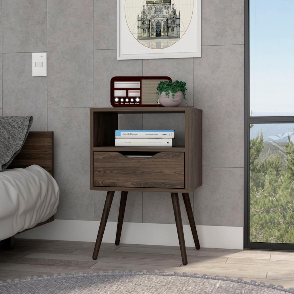 Nightstand 25"H, Superior Top, Four Legs, One Open Shelf, One Drawer, Dark Walnut