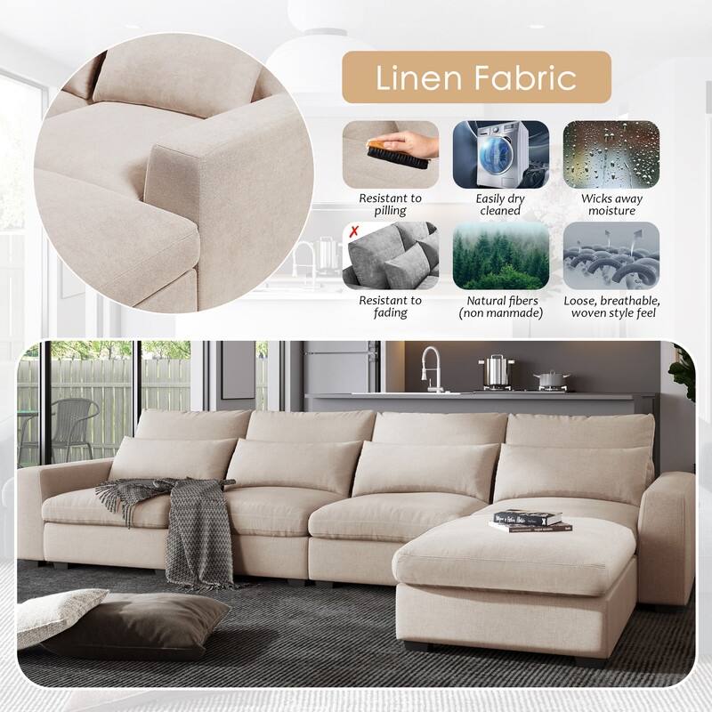Modern L-shaped feather-filled sectional sofa with reversible chaise longue