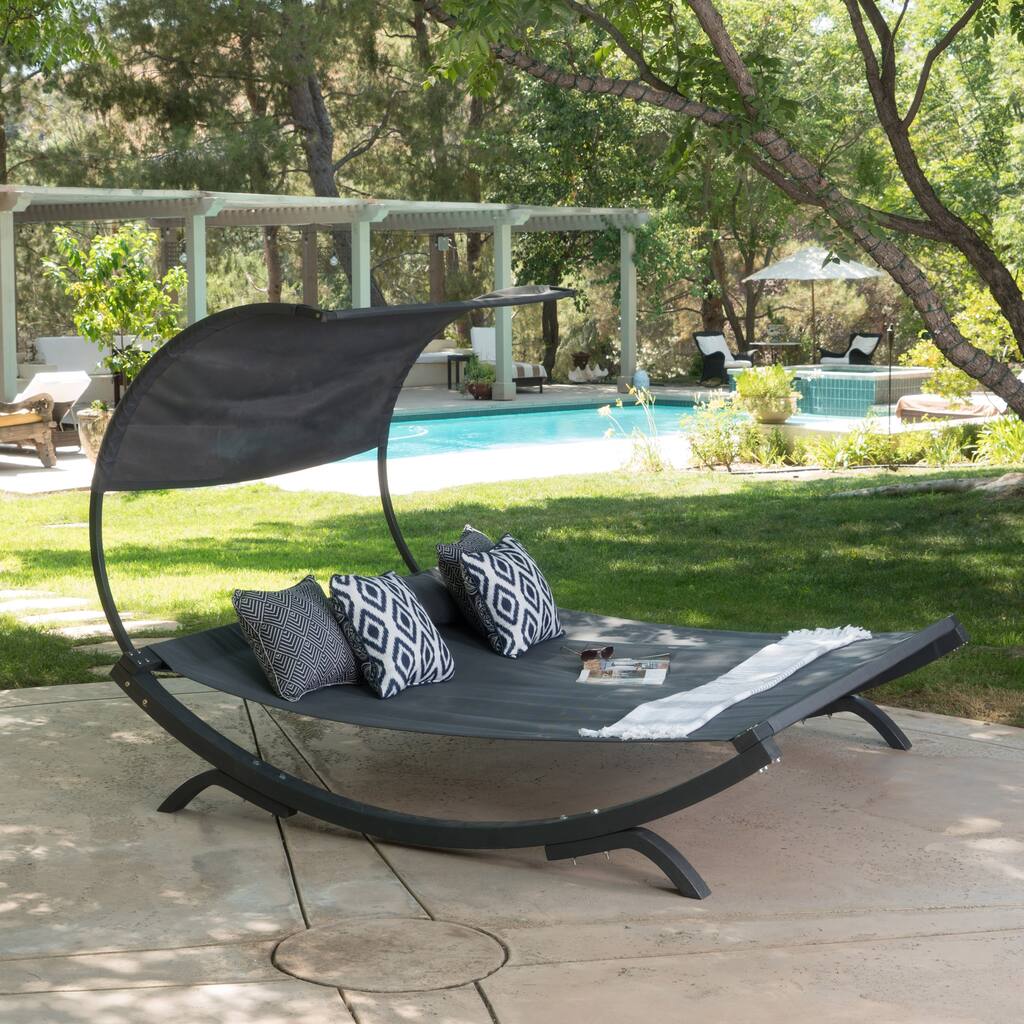 Outdoor Double Daybed Sunbed with Water-Resistant Black Wood Frame, Adjustable Canopy, and 2 Pillows