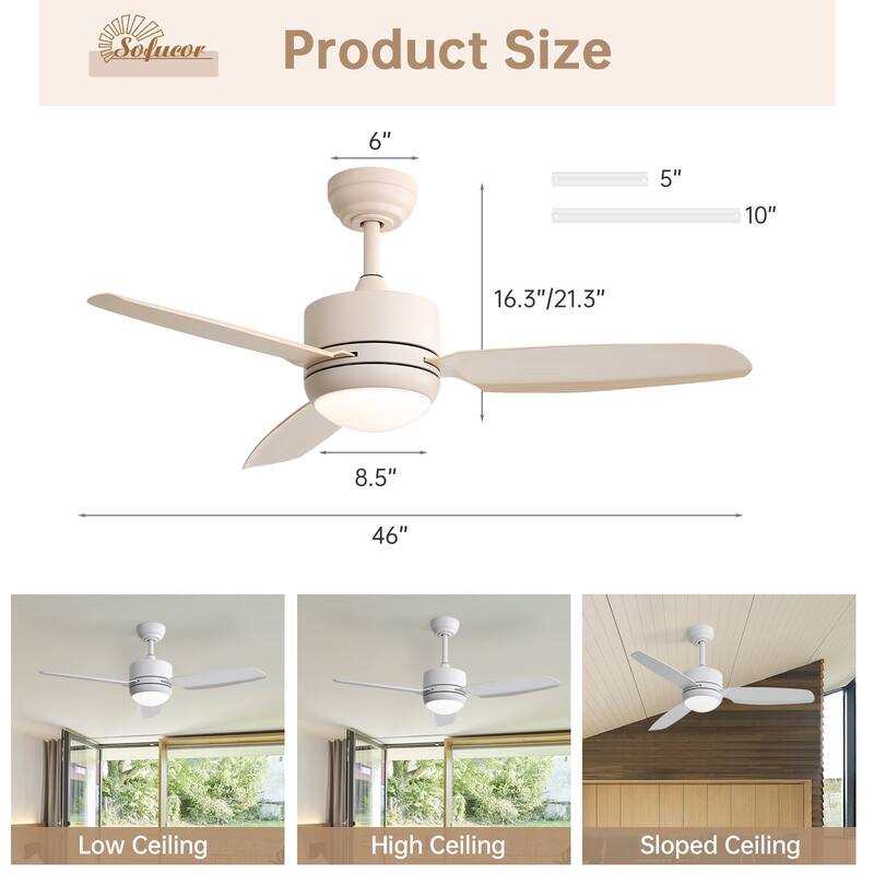 Sofucor 46 Inch Ceiling Fans with Light,Small Indoor/Outdoor,Remote Control,3 ABS Blades
