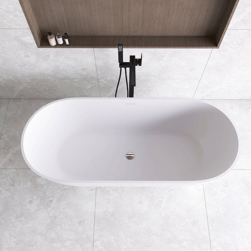 60"/69" Solid Surface Freestanding Bathtub in Matte White with Drain