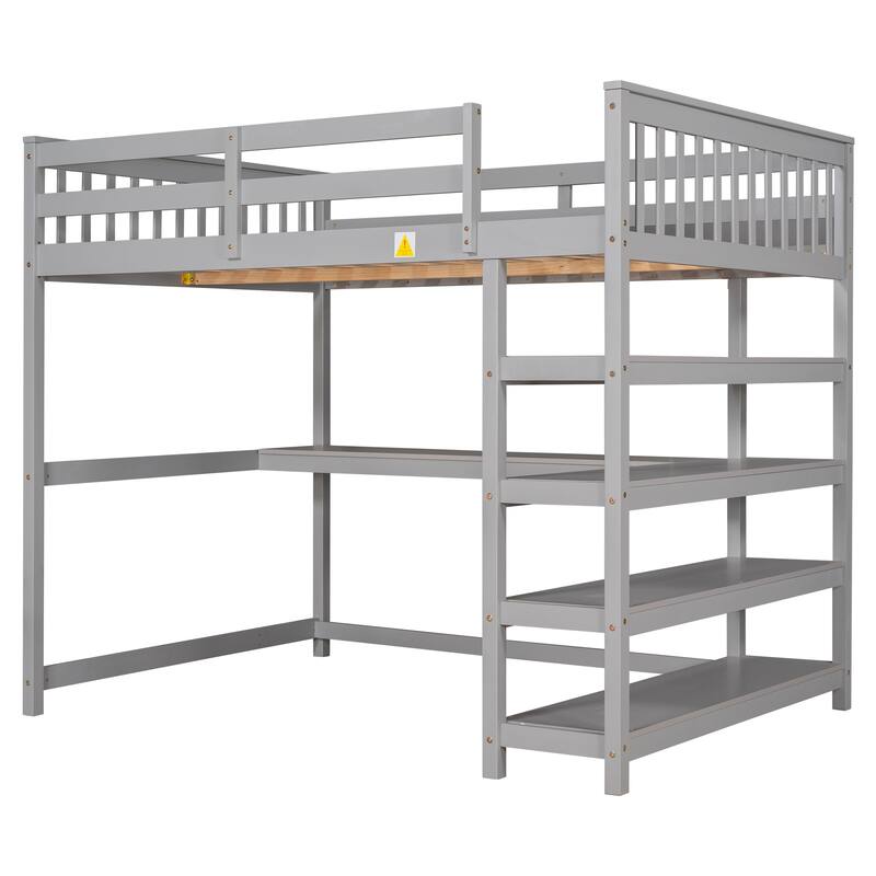 Full Size Loft Bed with Storage Shelves and Under-bed Desk in Gray