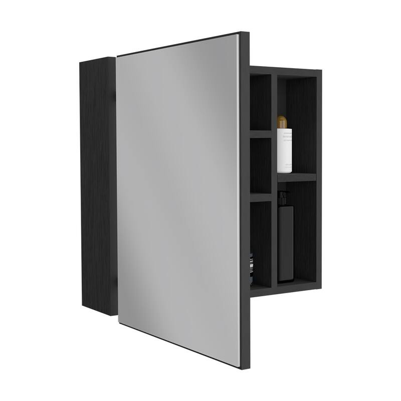 Medicine Cabinet with Mirror, Single Door, Two External Shelves, Wengue Finish, Three Internal Shelves, 13.7" W x 18" H