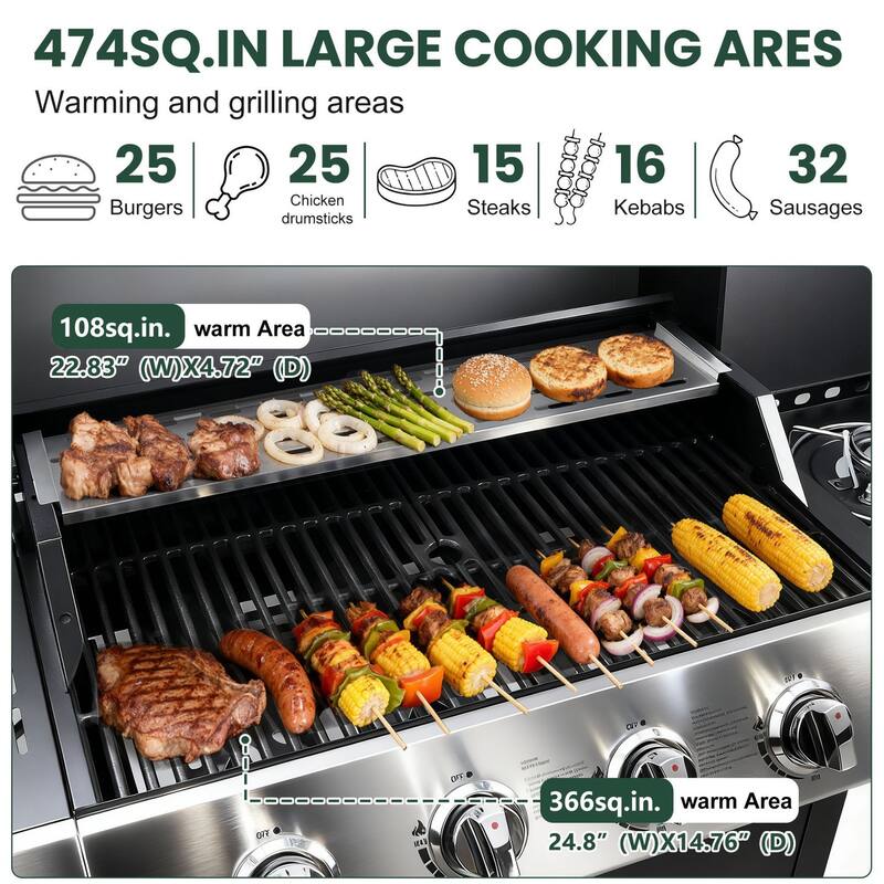 4-Burner Propane Gas Grill with Side Burner and Cabinet Storage, 474 Sq. In. Stainless Steel Outdoor BBQ Grill - N/A
