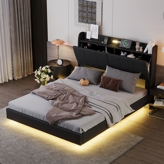 Queen Size Floating Platform Bed with Storage, Night Light and USB Charger