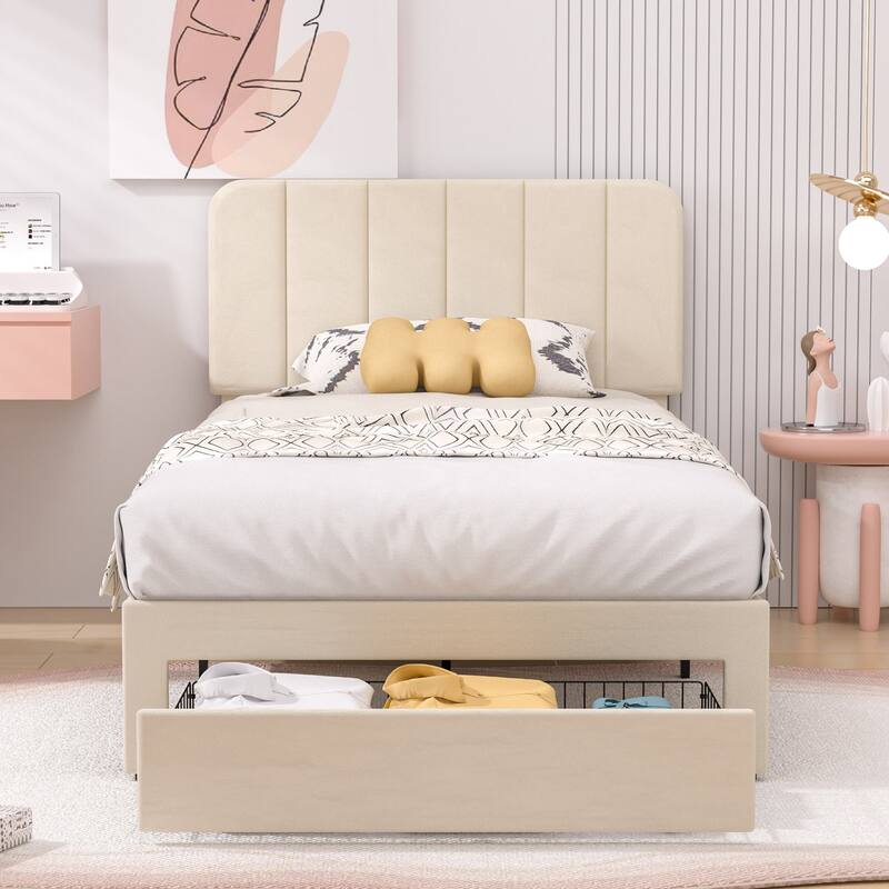 Javlergo Upholstered Platform Bed Frame with Storage Drawers and Adjustable Headboard, No Box Spring Needed - Beige - Twin