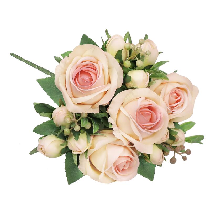 Set of 2 Ivory Pink Artificial Delicate Sweet Rose Flower Stem Bush Bouquet 14in - 14" L x 9" W x 9" DP