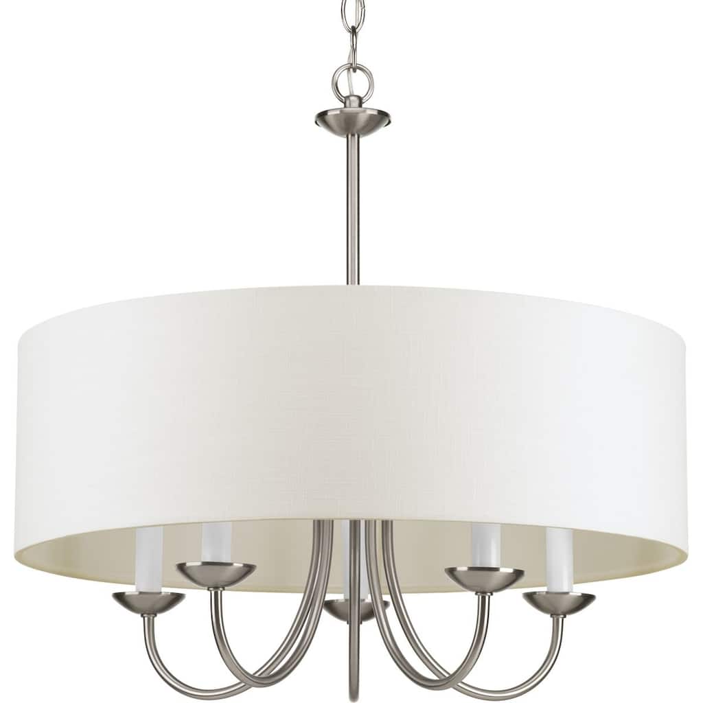 Drum Shade Collection 5-Light Brushed Nickel White Textured Linen Shade Farmhouse Chandelier Light - 10.010" x 24.000" x 13.940"